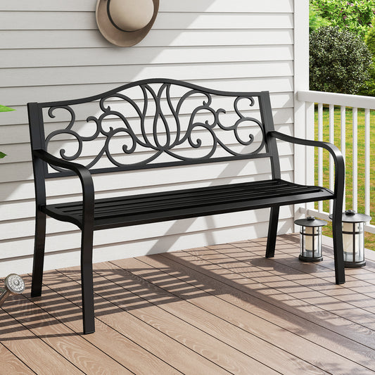 50 Inches Outdoor Garden Bench, Floral Design Backrest, Black Outdoor Benches Black at Gallery Canada