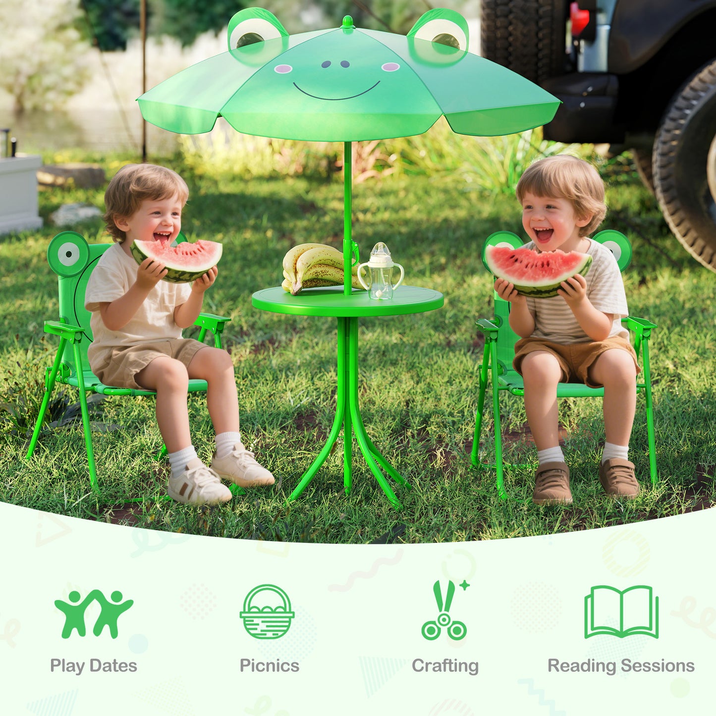 4 Piece Kids Picnic Set, 2 Folding Chairs, Adjustable Umbrella, Green Kids Table & Chair Sets at Gallery Canada