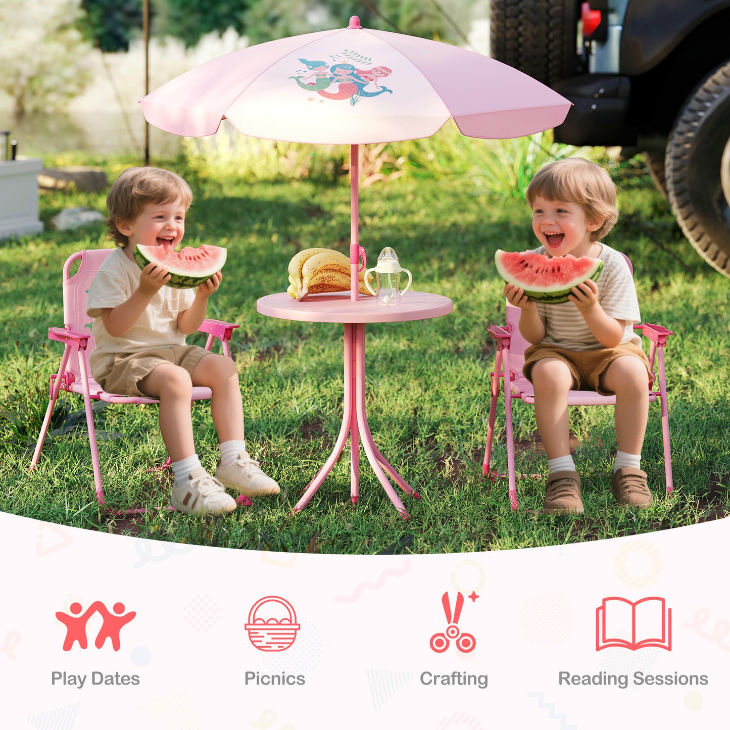 4 Pieces Kids Picnic Set with 2 Folding Chairs and Height Adjustable Umbrella, Pink Kids Table & Chair Sets at Gallery Canada