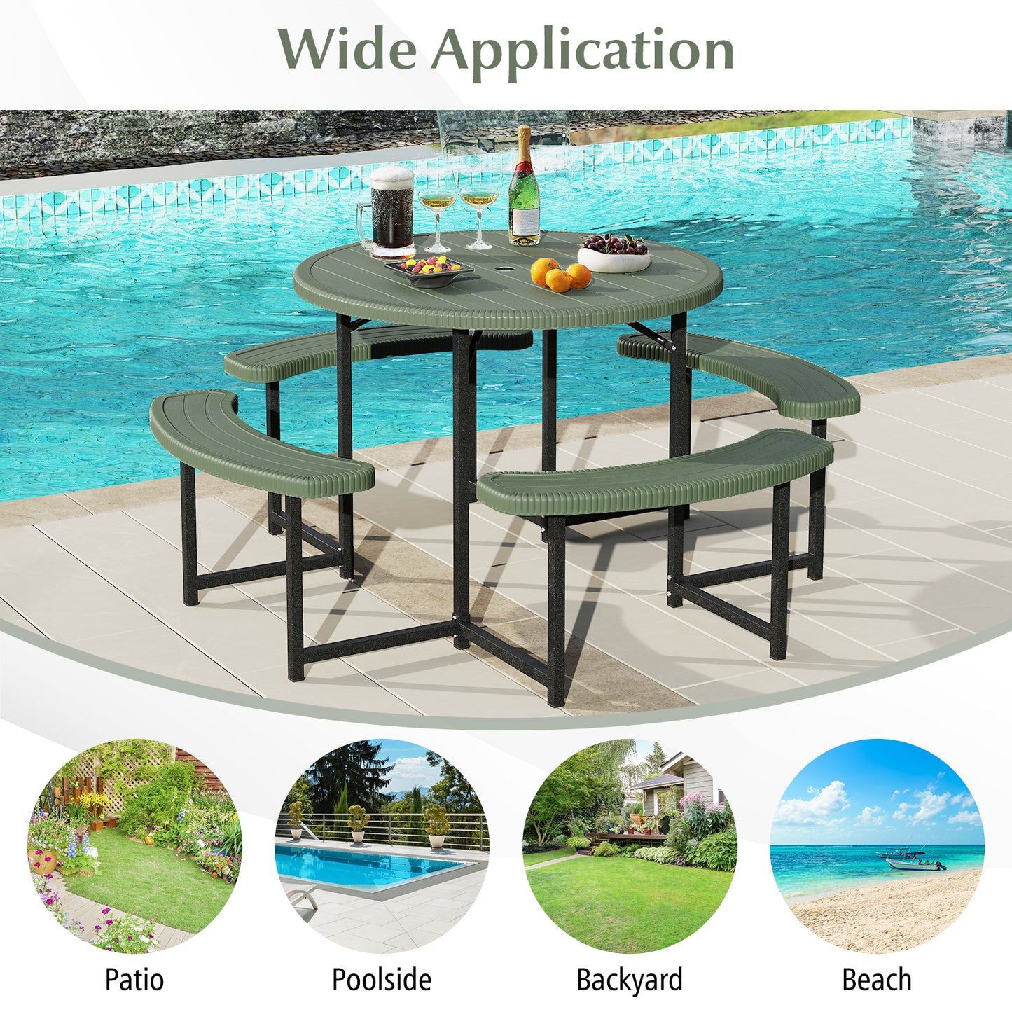 Round Picnic Table Bench Set, 4 Benches, Umbrella Hole, Green