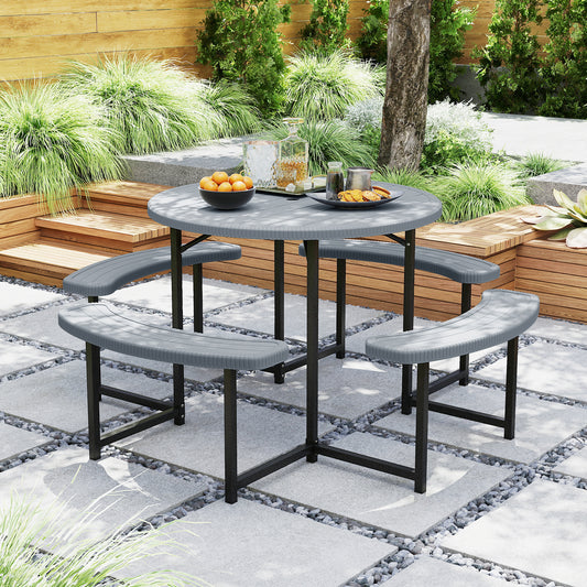 Round Picnic Table Bench Set with 4 Benches and Umbrella Hole for Patio Lawn, Gray Picnic Tables Gray at Gallery Canada
