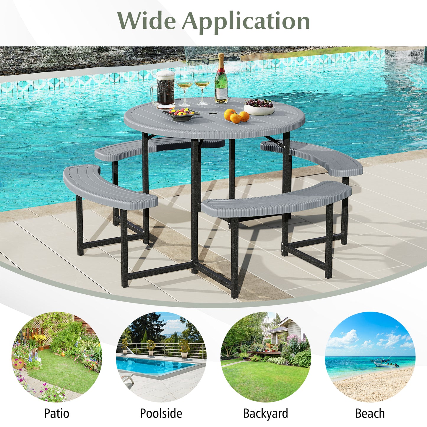Round Picnic Table Bench Set with 4 Benches and Umbrella Hole for Patio Lawn, Gray Picnic Tables at Gallery Canada