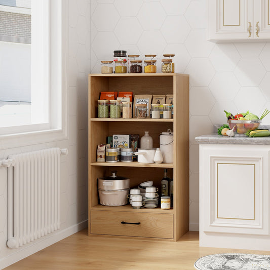 4-Tier Storage Bookcase With Open Shelves, Drawer, Anti-Toppling Device, Natural Bookcases Natural at Gallery Canada