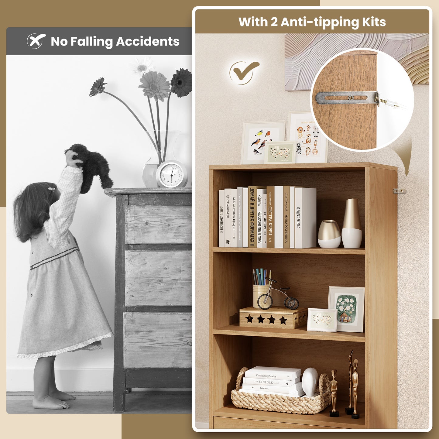 4-Tier Storage Bookcase with Open Shelves Drawer and Anti-toppling Device, Natural Bookcases at Gallery Canada