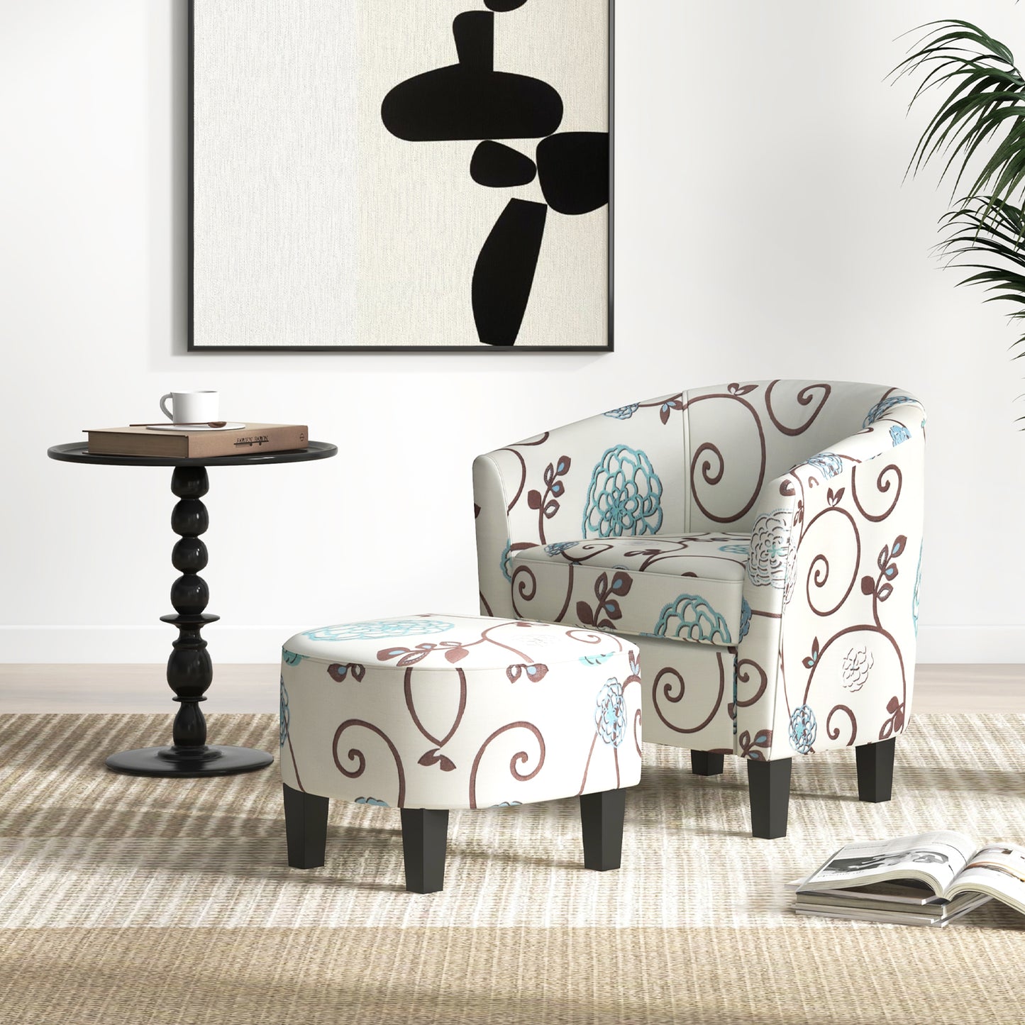 Modern Accent Tub Chair And Ottoman Set, Fabric Upholstered, Beige Accent Chairs at Gallery Canada