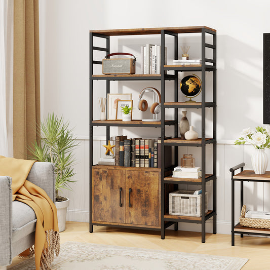 Double Wide 8-Tier Bookshelf with 2-Door Cabinet for Living Room Home Office, Rustic Brown Bookcases Rustic Brown at Gallery Canada