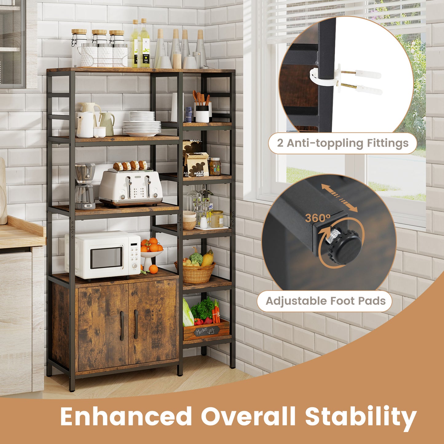 Double Wide 8-Tier Bookshelf with 2-Door Cabinet for Living Room Home Office, Rustic Brown Bookcases at Gallery Canada