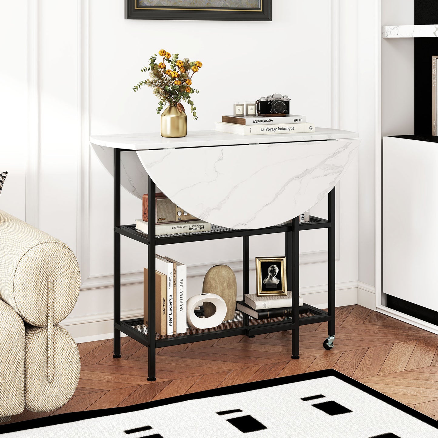 Folding Round Dining Table with Lockable Wheels, White Dining Tables at Gallery Canada