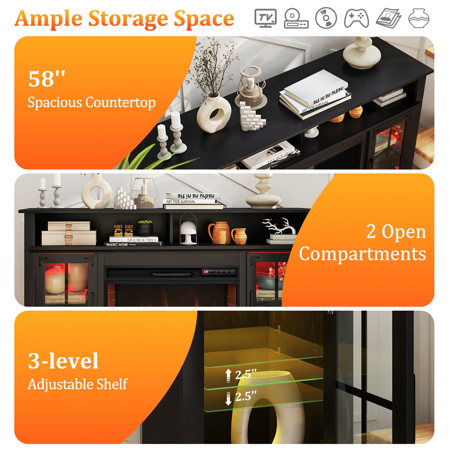 Fireplace TV Stand, 50 Inch, Black Entertainment Centers & TV Stands at Gallery Canada