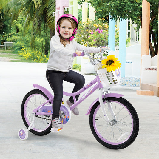 18 Inch Girl Bike With Basket, Detachable Training Wheels, Purple Kids Bike Purple at Gallery Canada