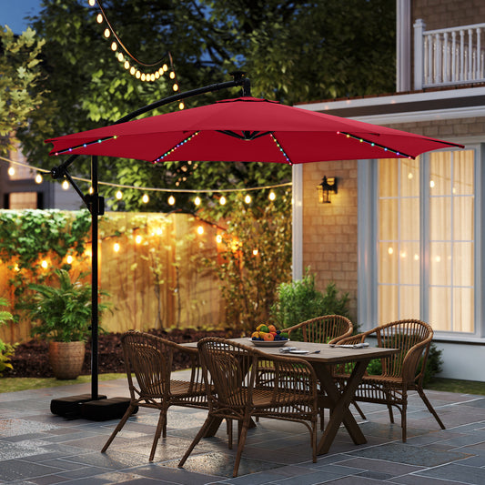10 Feet Solar Offset Hanging Umbrella with Base and LED Lights, Red Outdoor Umbrellas Walnut at Gallery Canada