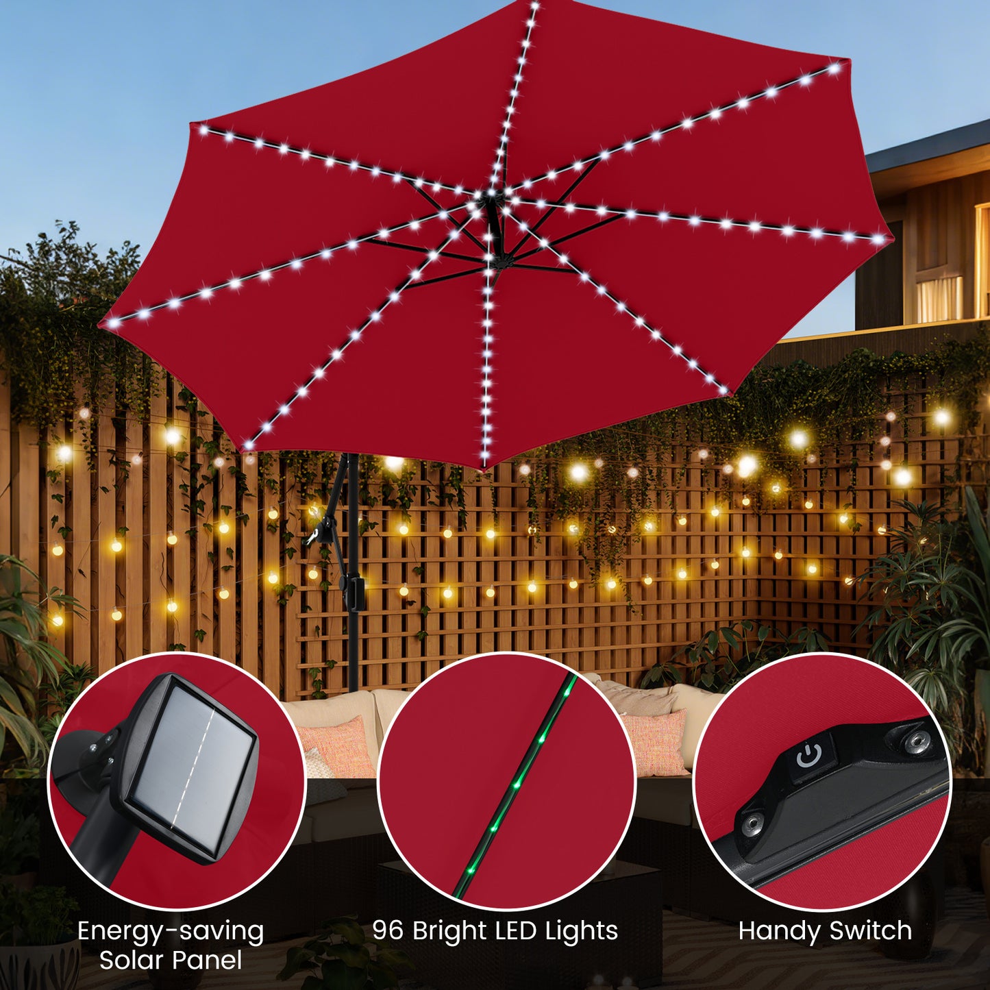 10 Feet Solar Offset Hanging Umbrella, With Base And LED Lights, Red Outdoor Umbrellas at Gallery Canada
