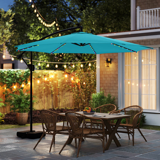 10 Feet Solar Offset Hanging Umbrella, With Base And LED Lights, Turquoise Outdoor Umbrellas Turquoise at Gallery Canada