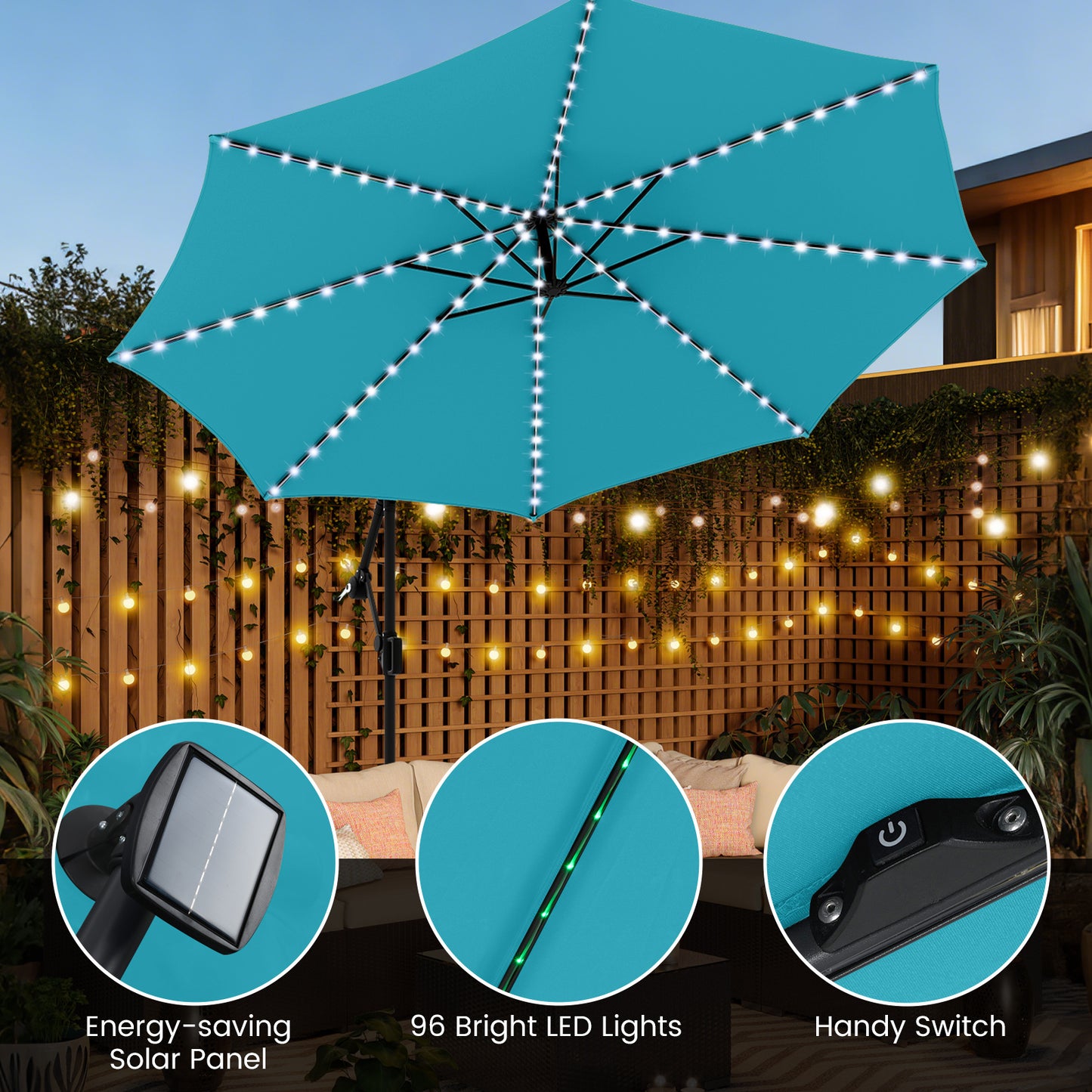 10 Feet Solar Offset Hanging Umbrella, With Base And LED Lights, Turquoise