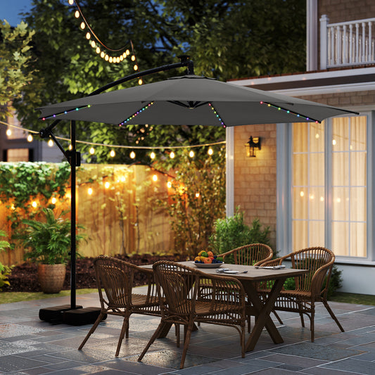 10 Feet Solar Offset Hanging Umbrella, With Base And LED Lights, Gray Outdoor Umbrellas Gray at Gallery Canada