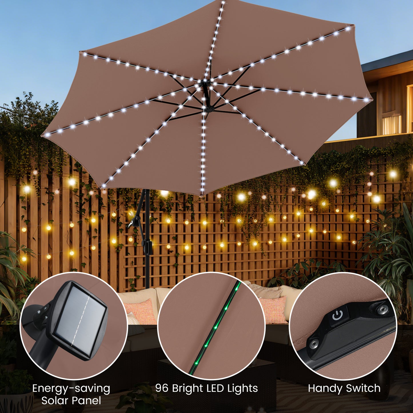10 Feet Solar Offset Hanging Umbrella, With Base And LED Lights, Coffee