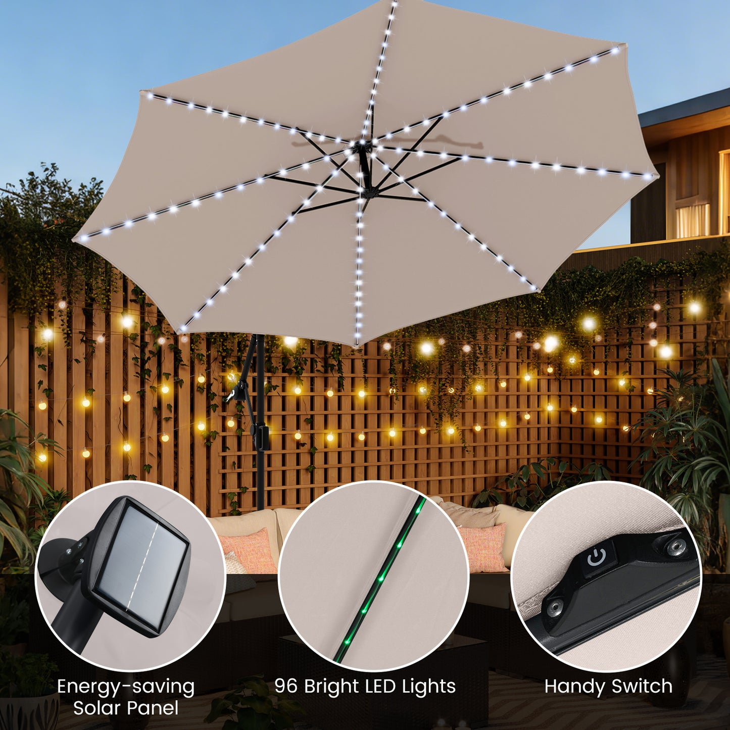 10 Feet Solar Offset Hanging Umbrella with Base and LED Lights, Beige Outdoor Umbrellas at Gallery Canada