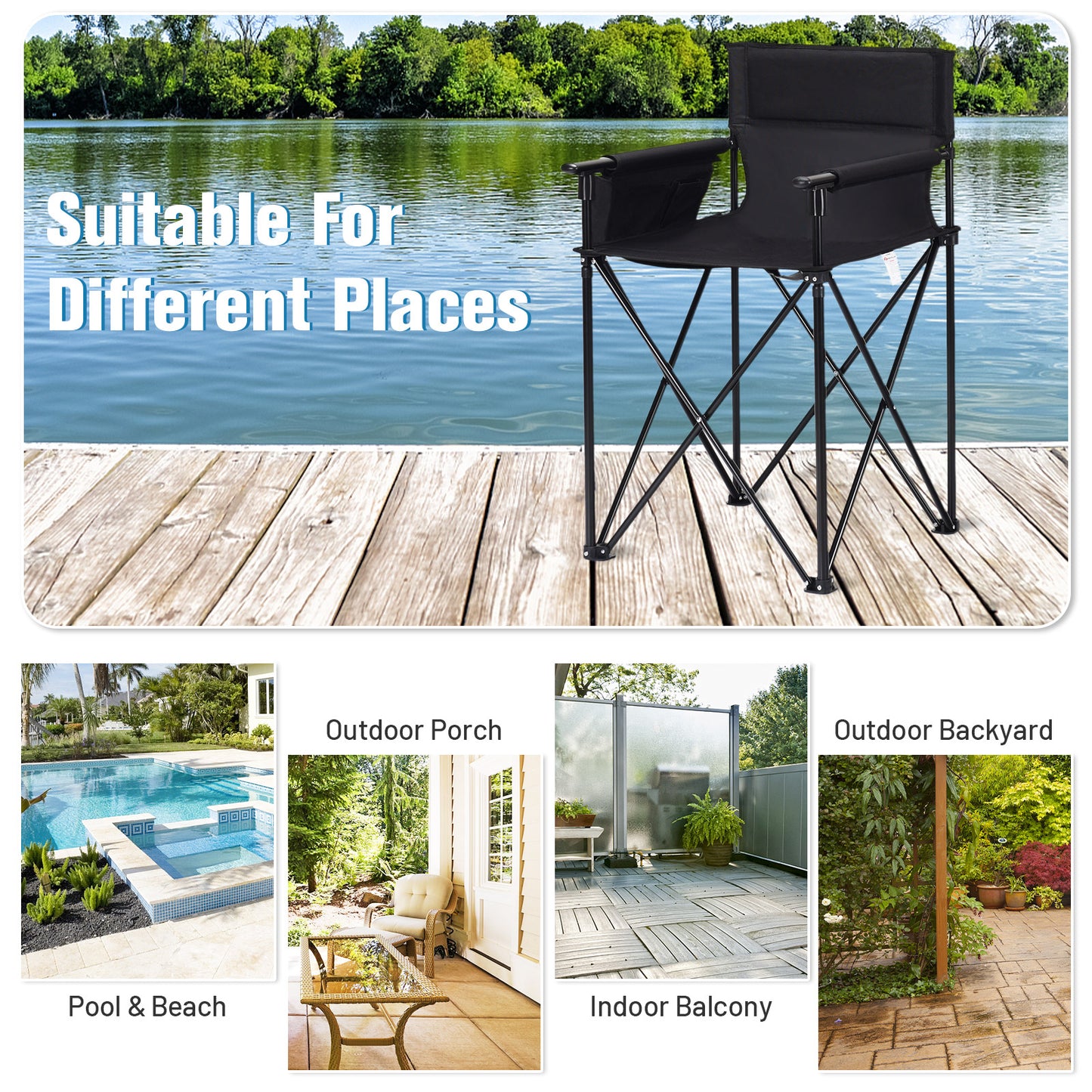 Portable 38 Inch Oversized Folding Chair, Black