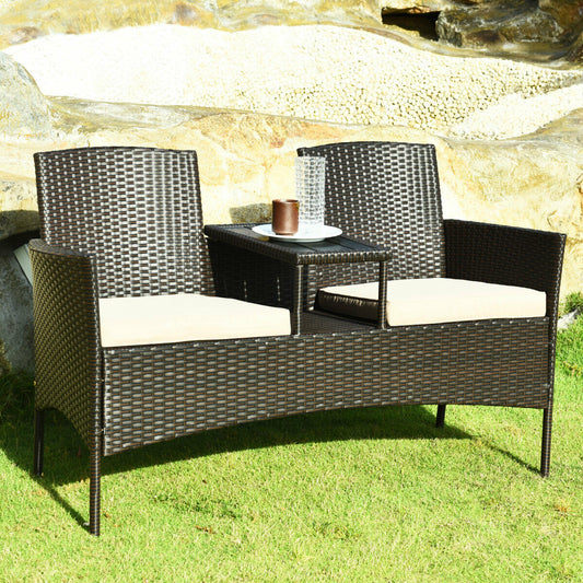 Modern Patio Conversation Set, Built-In Coffee Table, Cushions, Beige