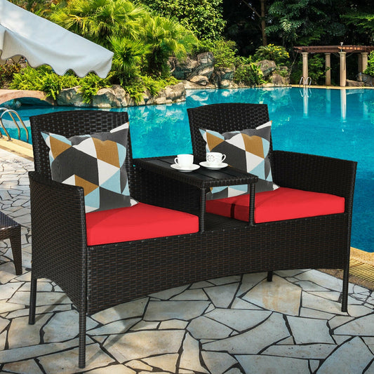 Modern Patio Conversation Set, Built-in Coffee Table, Cushions, Red