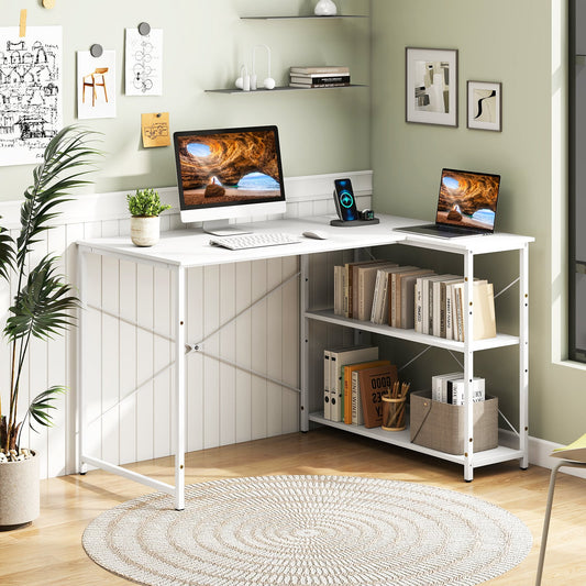 L-Shaped 47 Inch Reversible Corner Desk, Adjustable Storage Shelves, White L-Shaped Desks White at Gallery Canada