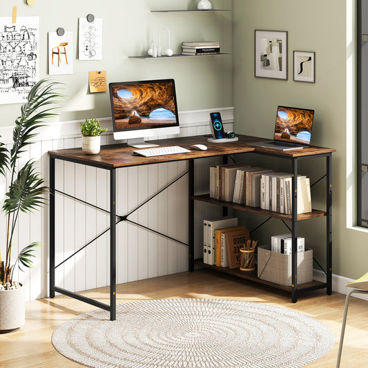 47 Inch L-Shaped Reversible Corner Desk, Adjustable Shelves, Rustic Brown L-Shaped Desks Rustic Brown at Gallery Canada
