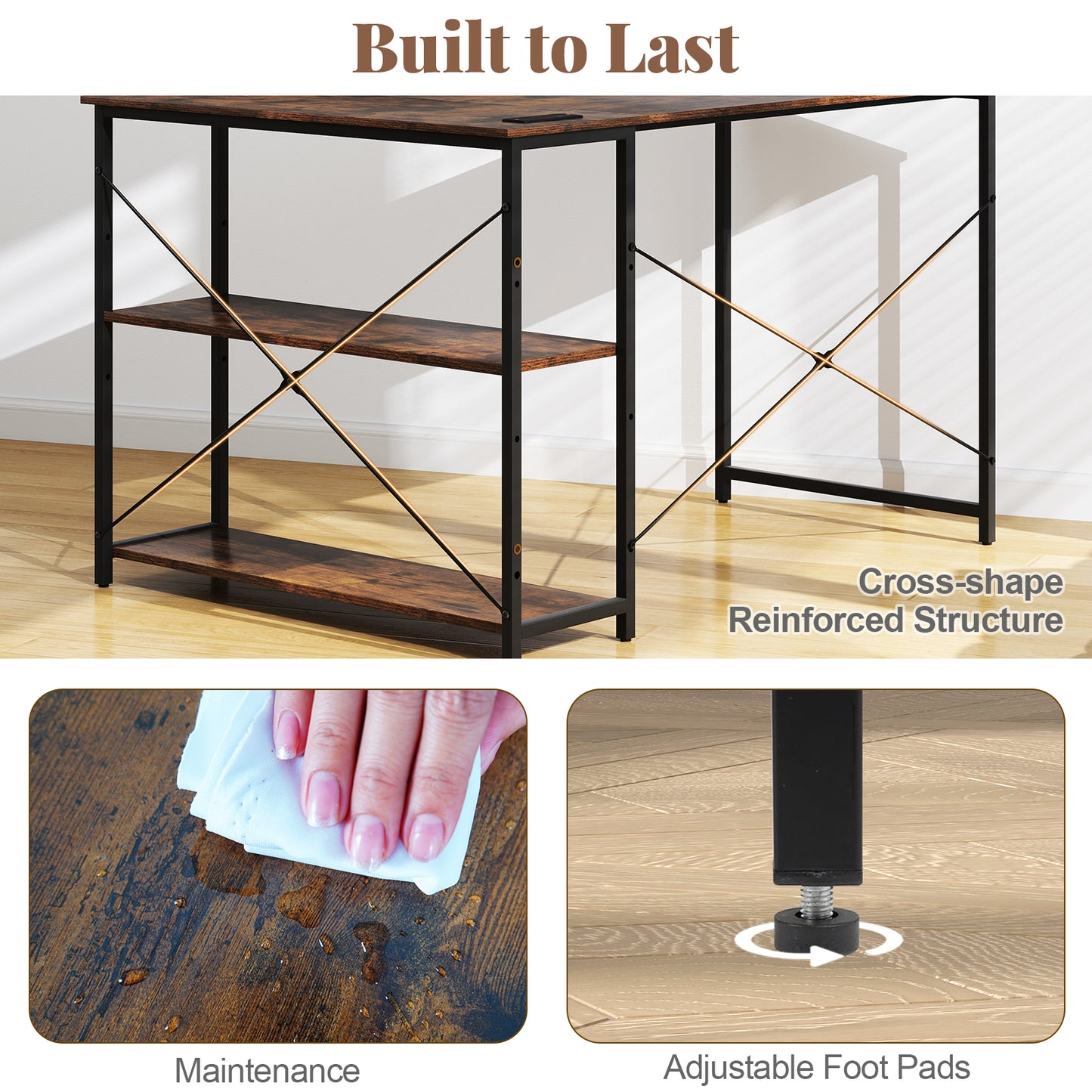 47 Inch L-Shaped Reversible Corner Desk, Adjustable Shelves, Rustic Brown L-Shaped Desks at Gallery Canada