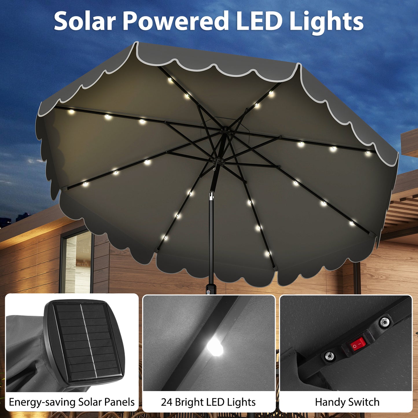 10 Feet Solar Patio Umbrella, 24 LED Lights, Gray Outdoor Umbrellas at Gallery Canada