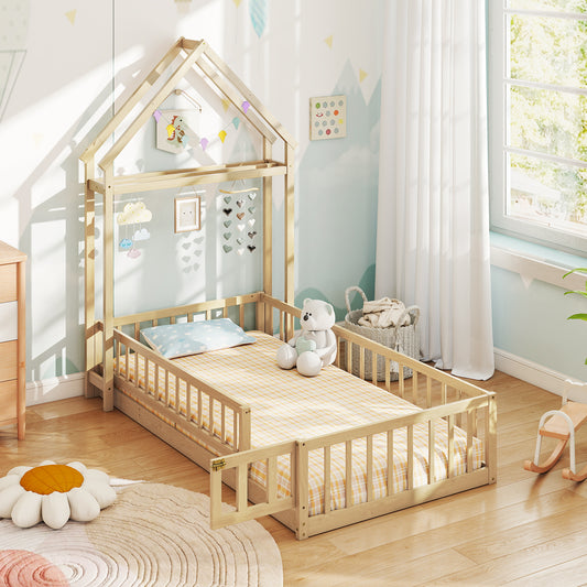 Twin Size House Floor Bed, House Shaped Headboard, Natural Simple Bed Frame Natural at Gallery Canada