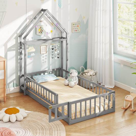 Twin Size House Floor Bed, House Shaped Headboard, Gray Simple Bed Frame Gray at Gallery Canada