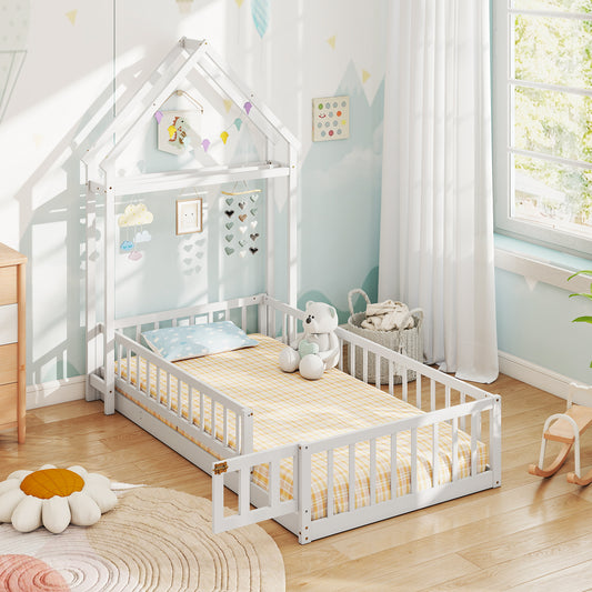 Twin Size House Floor Bed, House-Shaped Headboard, White Simple Bed Frame White at Gallery Canada