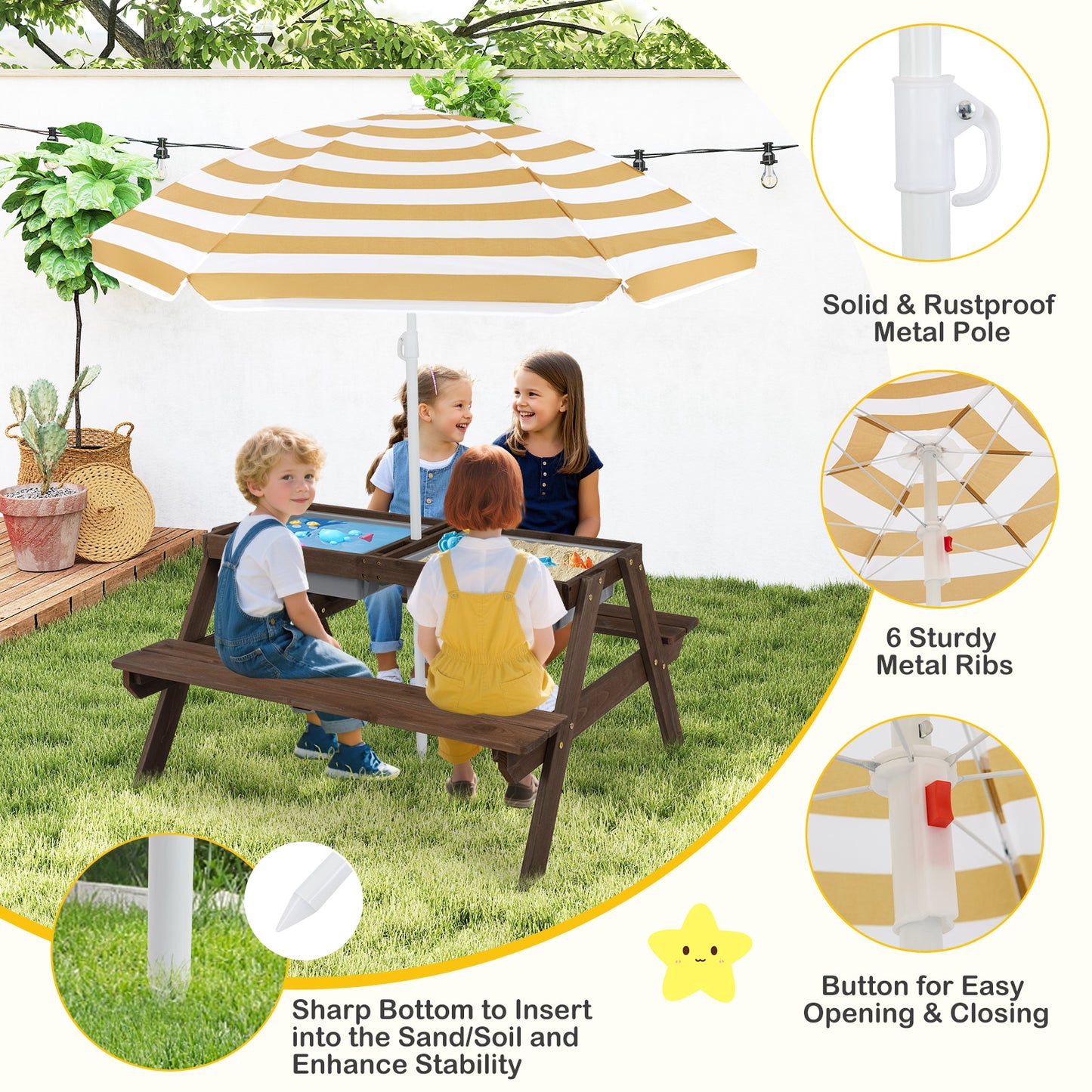 3-in-1 Kids Outdoor Picnic Water Sand Table with Removable Umbrella and Boxes, Coffee Kids Table & Chair Sets at Gallery Canada