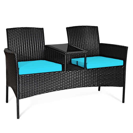 Modern Patio Conversation Set, Built-In Coffee Table, Cushions, Turquoise