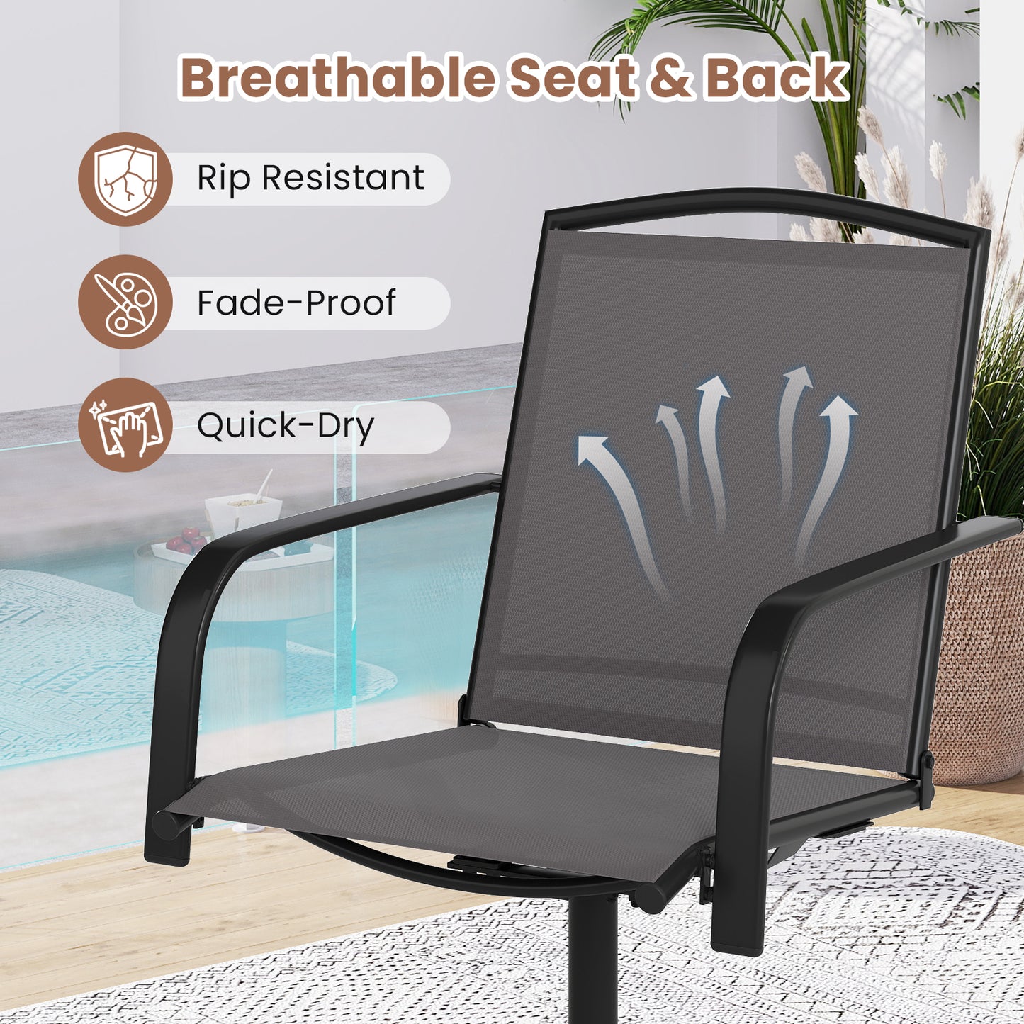 Outdoor Swivel Chairs, Set of 2, High Back, Breathable Seat, Gray