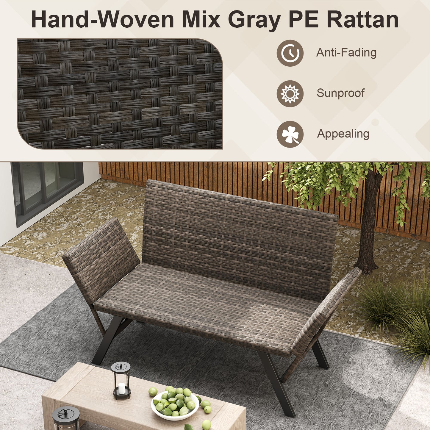 Convertible Sofa, 2 Seat, Quick Dry Foam Padded Rattan, Gray Outdoor Benches at Gallery Canada