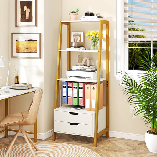 4-Tier Ladder Shelf With 2 Drawers, 52.5 Inch Tall, White