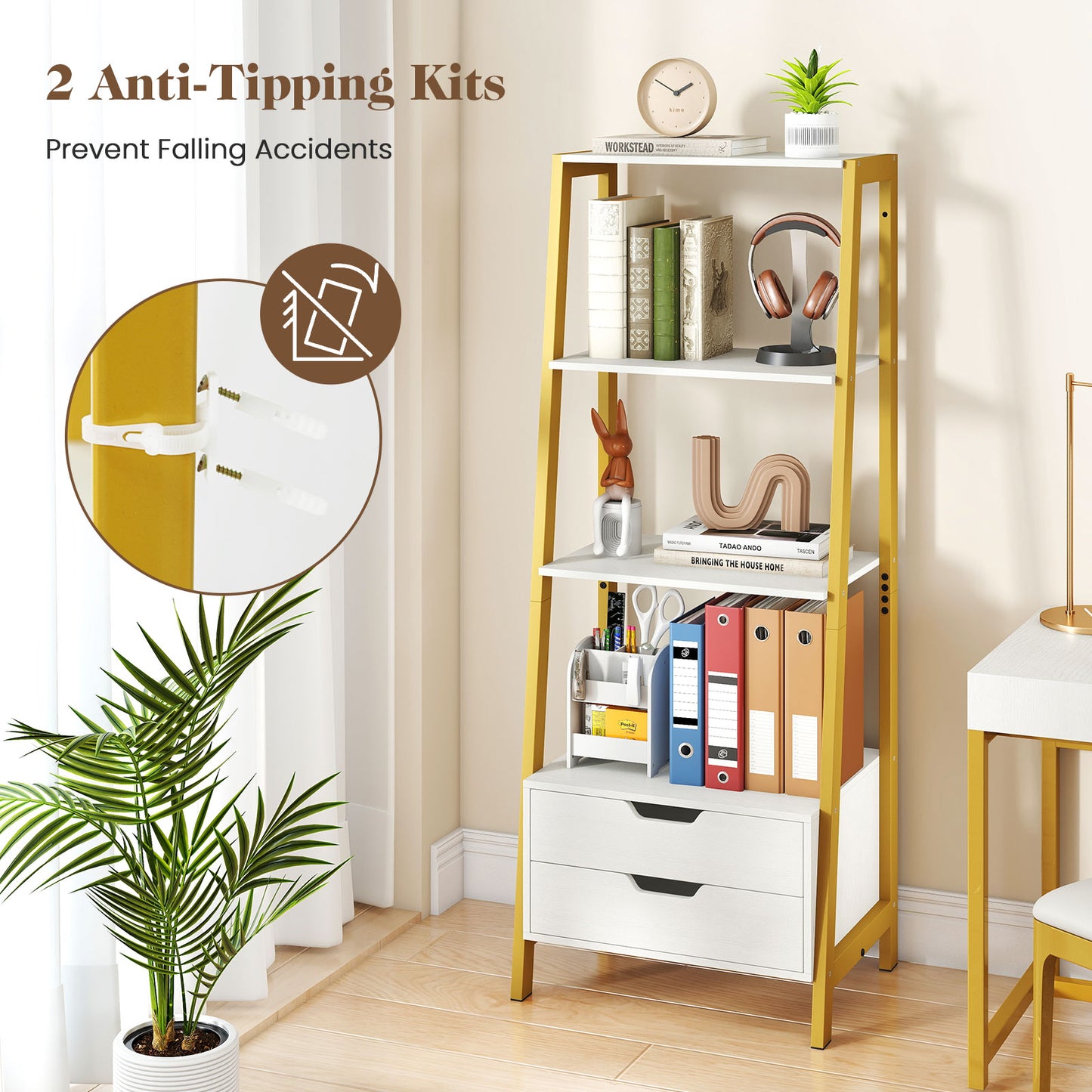 4-Tier Ladder Shelf With 2 Drawers, 52.5 Inch Tall, White Bookcases at Gallery Canada