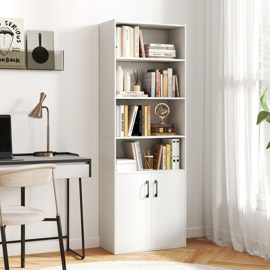 70 Inch Bookcase 6-Tier with Adjustable Shelves and 2-Door Cabinet, White Bookcases White at Gallery Canada