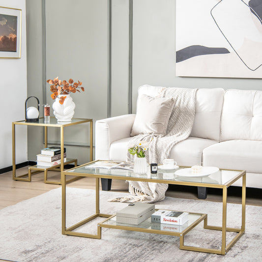 Modern 2-Tier Rectangular Coffee Table, Glass Top, Golden Coffee Tables Golden at Gallery Canada