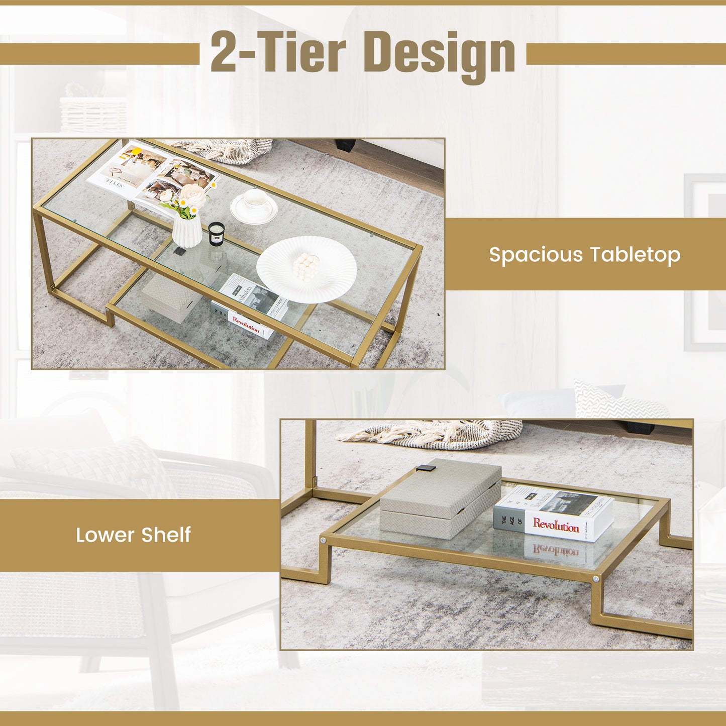 Modern 2-Tier Rectangular Coffee Table with Glass Table Top, Golden Coffee Tables at Gallery Canada
