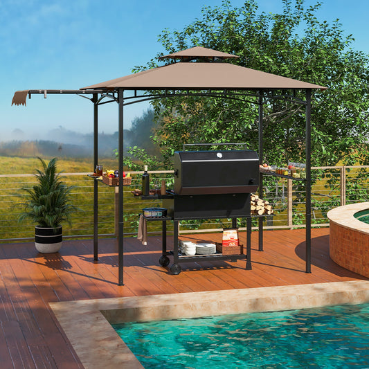 11 x 5 FT Grill Gazebo with Side Awning and Double-Tiered Top, Brown Gazebos Brown at Gallery Canada