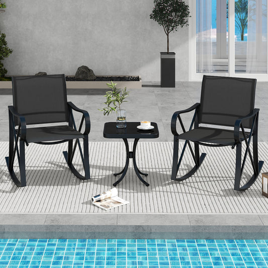 3 Piece Patio Rocking Set with Smooth Rocking Motion Outdoor Rocker Chair Bistro Set, Black Patio Conversation Sets Black at Gallery Canada