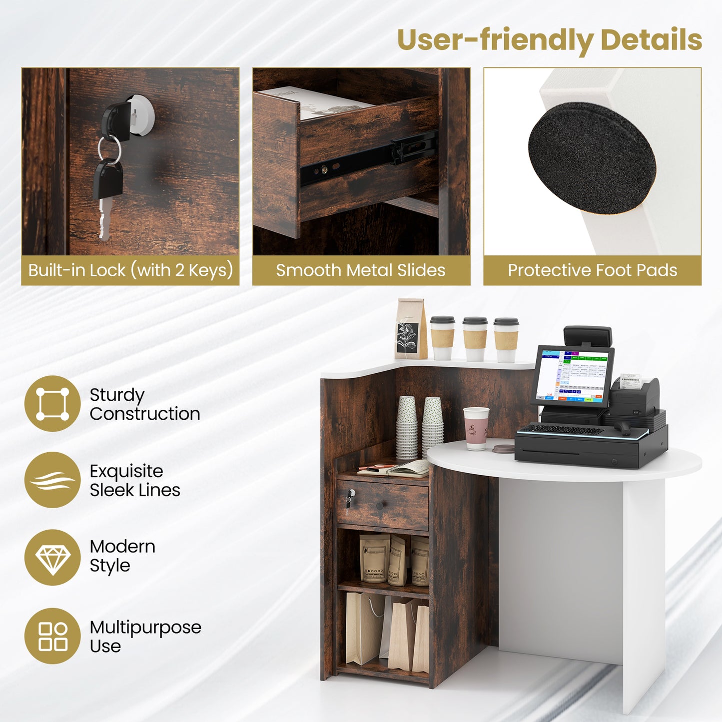 Front Reception Office Desk with Open Shelf and Lockable Drawer, Rustic Brown Corner Desks at Gallery Canada