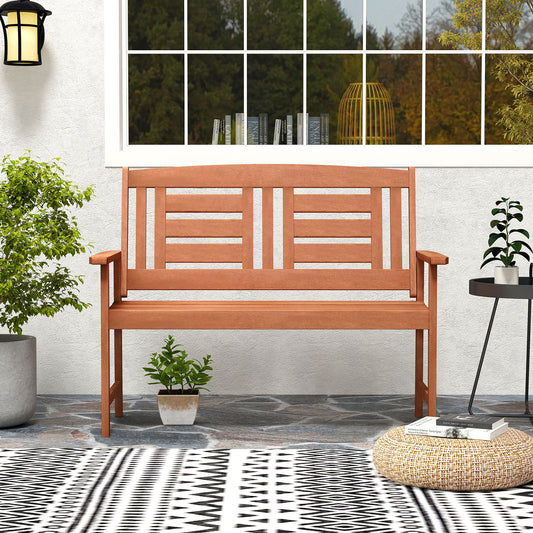 Outdoor Solid Wood Loveseat Hardwood 2-Seat Bench with Inclined Backrest and Slatted Seat, Natural Outdoor Benches Natural at Gallery Canada