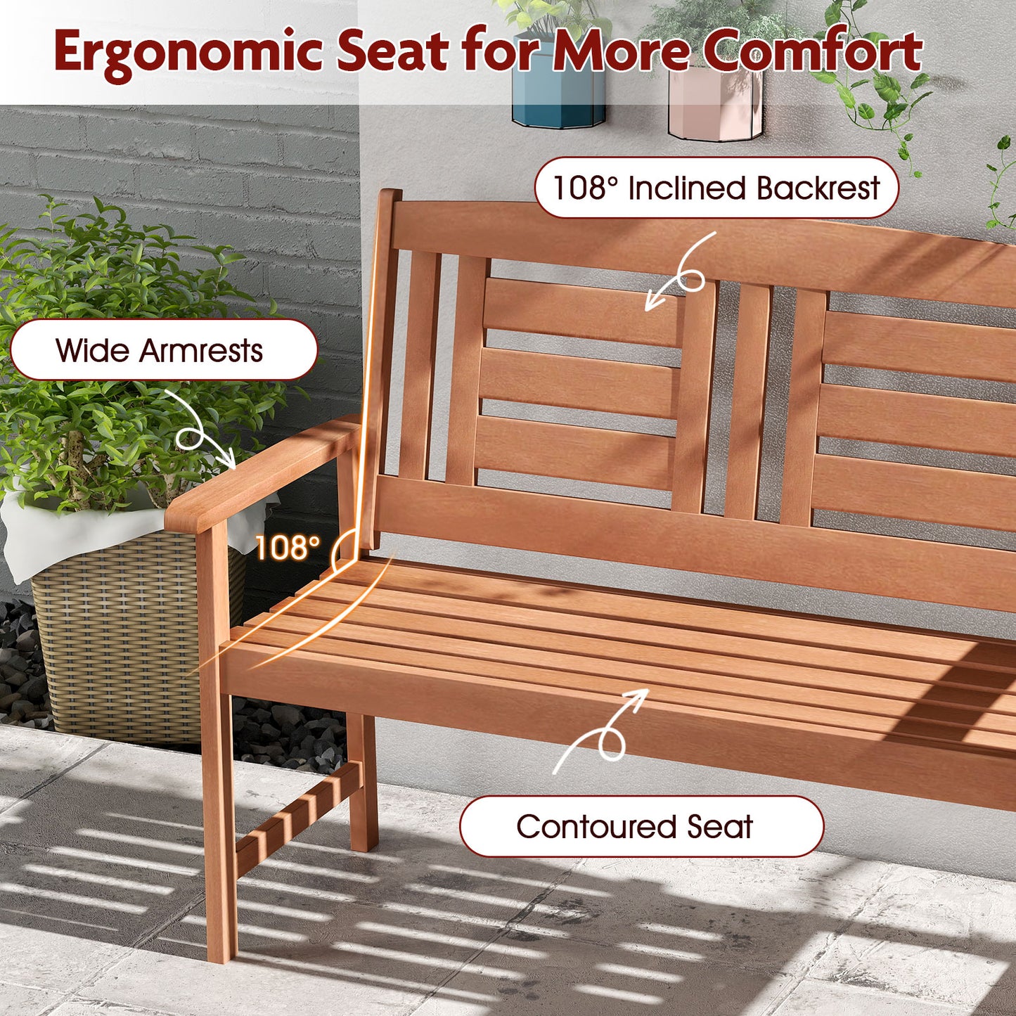 Outdoor Solid Wood Loveseat Hardwood 2-Seat Bench with Inclined Backrest and Slatted Seat, Natural Outdoor Benches at Gallery Canada