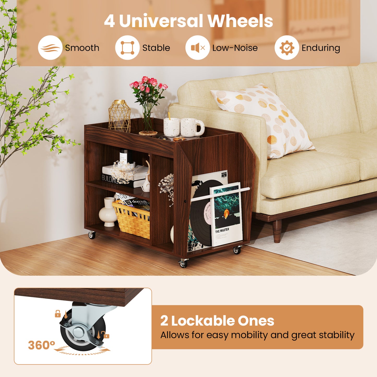 3-Tier Side End Table With Wheels, Walnut End & Side Tables at Gallery Canada