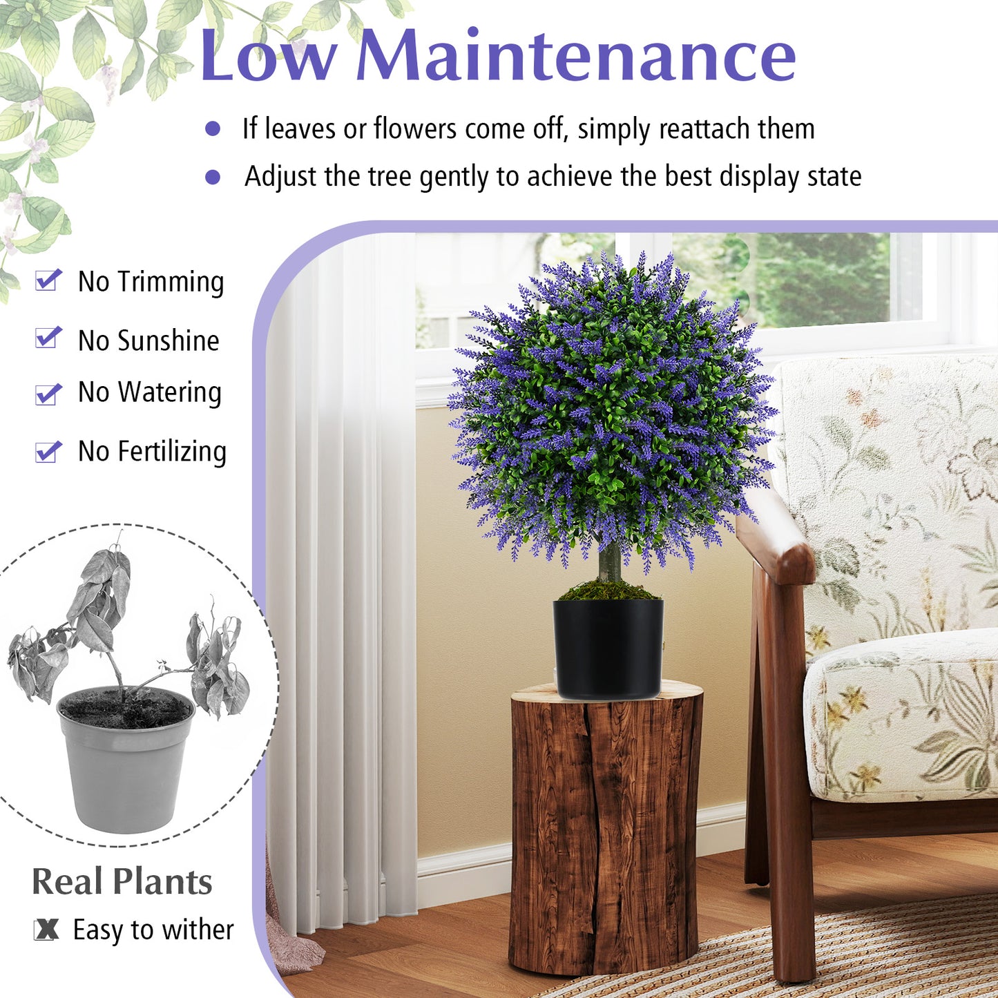 23 Inch Set of 2 Artificial Lavender Topiary Ball Trees with Cement-Filled Pot, Purple Faux Plants at Gallery Canada