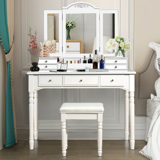 Makeup Dressing Table With Tri-Folding Mirror, Cushioned Stool, White Makeup Vanities White at Gallery Canada