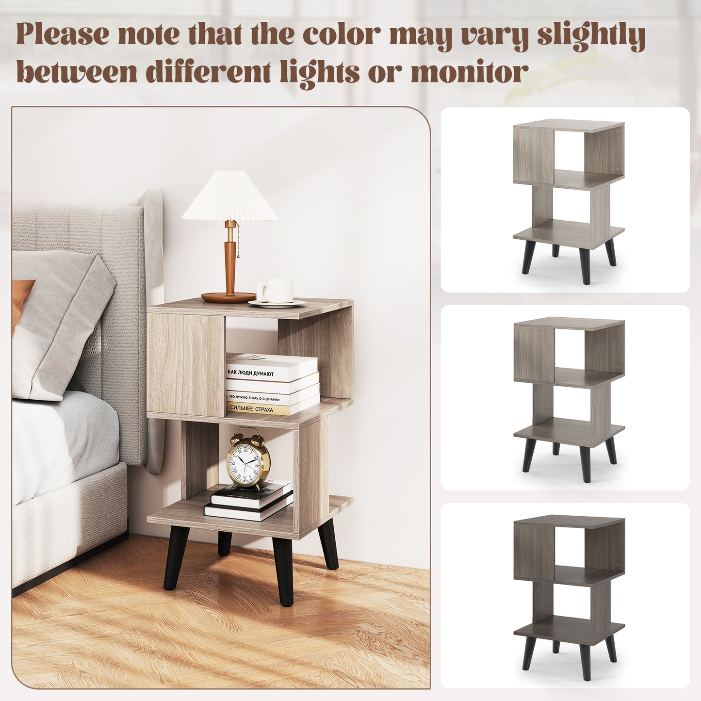 3-Tier Geometric Bookshelf Set Of 2, Open Storage Shelves, Gray Nightstands at Gallery Canada