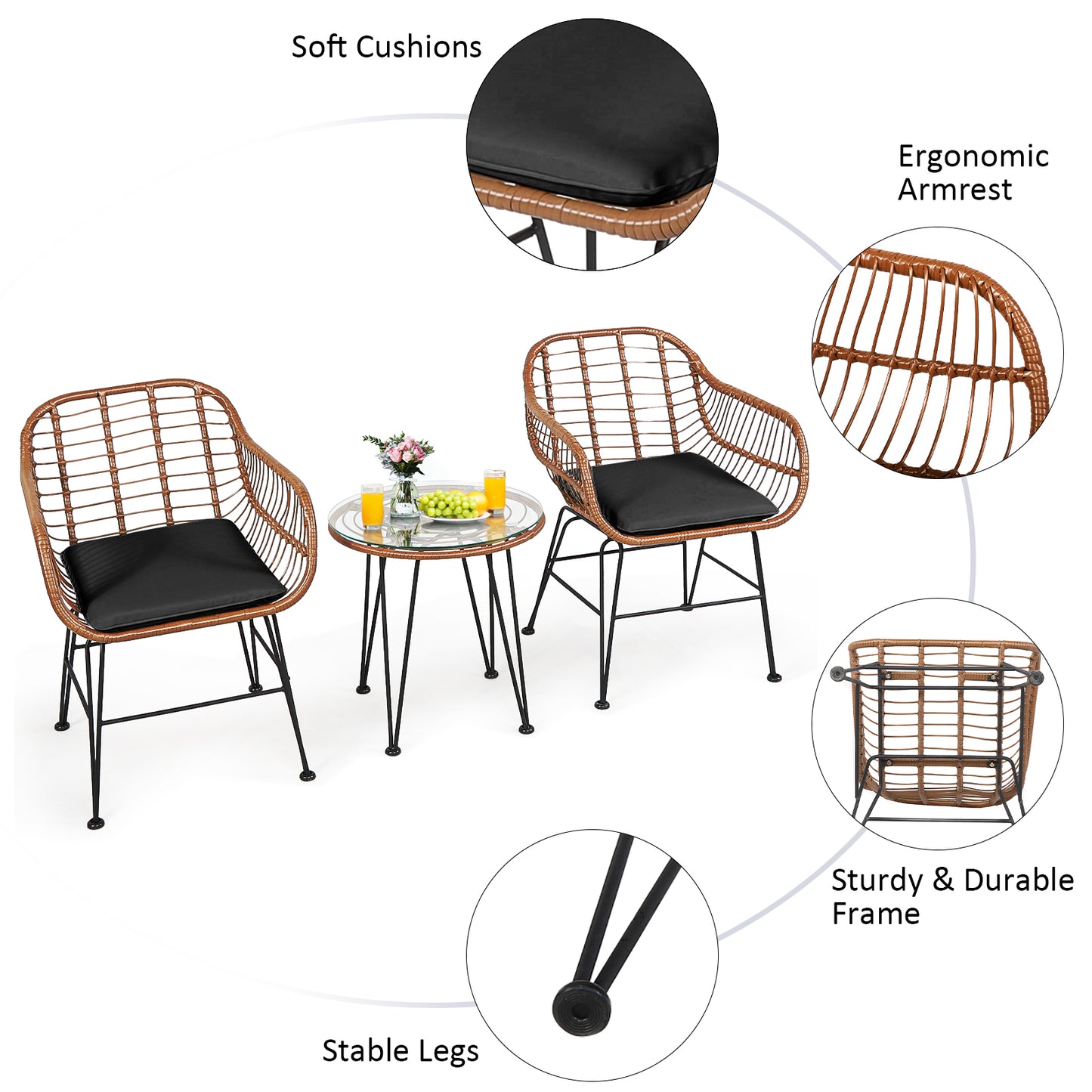 3-Piece Patio Rattan Bistro Set With Cushion, Black Patio Conversation Sets at Gallery Canada
